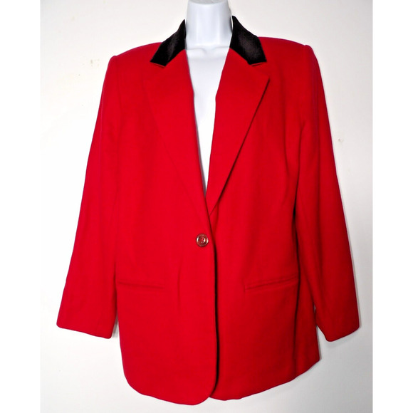 Sag Harbor Jackets & Blazers - Sag Harbor Sz 14 Red Blazer Pure Wool Velvet Collar Vintage Festive Holiday 90s